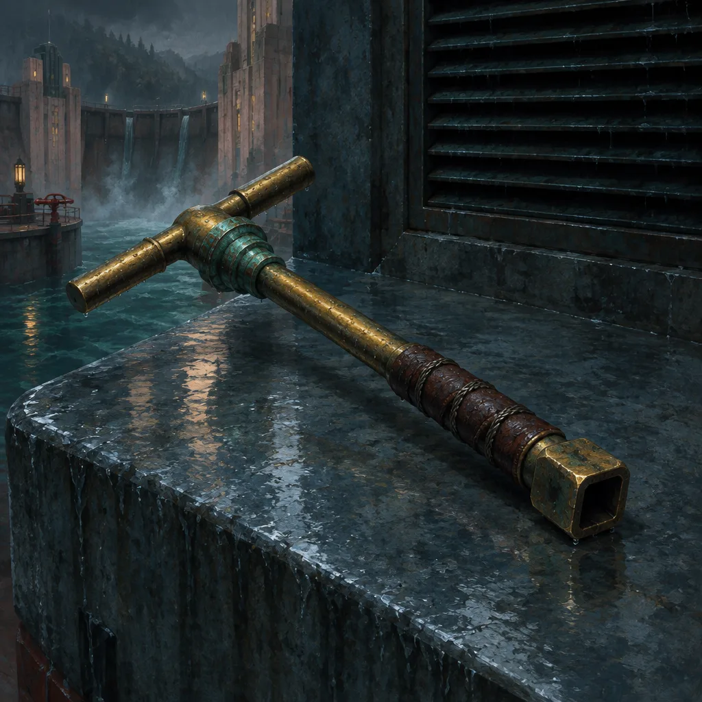 Sluice Key, kunci katup kuningan bergagang T dengan kerah tembaga verdigris dan pegangan kulit, tergeletak di bibir beton basah.