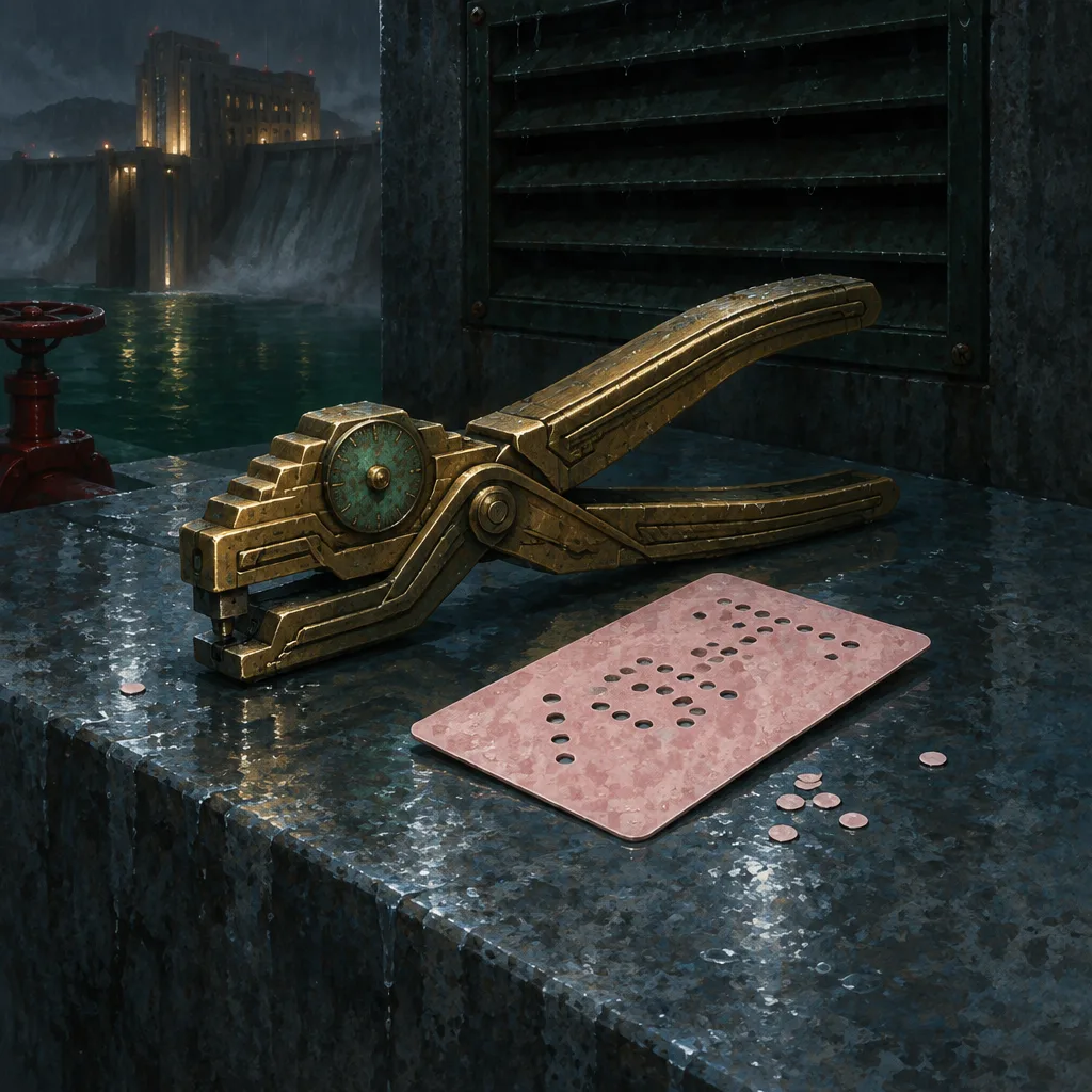 Card Punch, pelubang kartu kuningan bertingkat dengan dial verdigris, di samping kartu tamu merah muda yang berlubang.